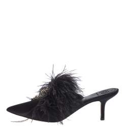 مملوكة مسبقًا Tory Burch Black Satin Elodie Fur Embellished Pointed Toe Mule Sandals Size 39