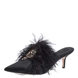 مملوكة مسبقًا Tory Burch Black Satin Elodie Fur Embellished Pointed Toe Mule Sandals Size 39