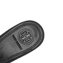 مملوكة مسبقًا Tory Burch Black Satin Elodie Fur Embellished Pointed Toe Mule Sandals Size 39