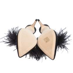 مملوكة مسبقًا Tory Burch Black Satin Elodie Fur Embellished Pointed Toe Mule Sandals Size 39