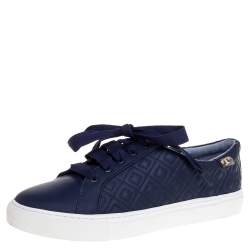 Pre Owned Tory Burch Blue Quilted Leather Marion Low Top Sneakers Size 39