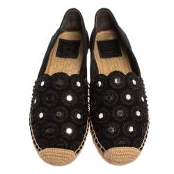 Pre Owned حذاء فلات إسبادريل توري برش سليب أون مزخرف ياسمين جلد سويدي أسود مقاس 38.5