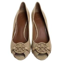 مملوكة مسبقًا Tory Burch Beige Embossed Lizard Leather Julianne Peep Toe Wedge Pumps Size 39