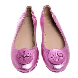 Pre Owned Tory Burch Metallic Pink Leather Minnie Travel Ballet Flats Size 40