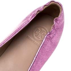 Pre Owned Tory Burch Metallic Pink Leather Minnie Travel Ballet Flats Size 40