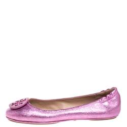 Pre Owned Tory Burch Metallic Pink Leather Minnie Travel Ballet Flats Size 40