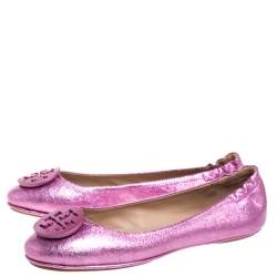 Pre Owned Tory Burch Metallic Pink Leather Minnie Travel Ballet Flats Size 40