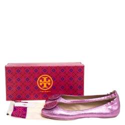 Pre Owned Tory Burch Metallic Pink Leather Minnie Travel Ballet Flats Size 40