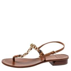 Tory Burch Brown Leather Gemini Link Detail Flat Sandals Size 37.5