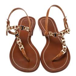 Tory Burch Brown Leather Gemini Link Detail Flat Sandals Size 37.5