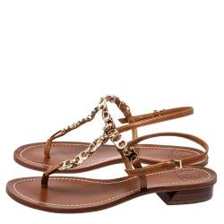 Tory Burch Brown Leather Gemini Link Detail Flat Sandals Size 37.5