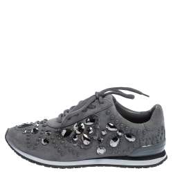 Pre Owned Tory Burch Grey Suede Scarlett Crystal Embellished Sneakers Size 37.5