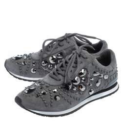 Pre Owned Tory Burch Grey Suede Scarlett Crystal Embellished Sneakers Size 37.5