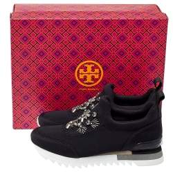 Pre Owned Tory Burch Black Fabric Storm Cloud Crystal Embellished Slip On Sneakers Size 38