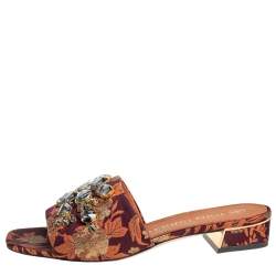 مملوكة مسبقًا Tory Burch Brown Fabric Crystal Embellished Martine Slide Sandals Size 38.5