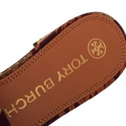 مملوكة مسبقًا Tory Burch Brown Fabric Crystal Embellished Martine Slide Sandals Size 38.5
