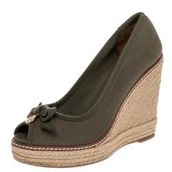 Tory Burch Olive Green Canvas Jackie Espadrille Wedge Pumps Size 37.5