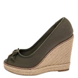 Tory Burch Olive Green Canvas Jackie Espadrille Wedge Pumps Size 37.5