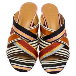 Pre Owned Tory Burch Multicolor Webbing Fabric Stripe Graham Slide Sandals Size 37