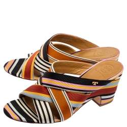 Pre Owned Tory Burch Multicolor Webbing Fabric Stripe Graham Slide Sandals Size 37