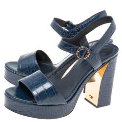 مملوكة مسبقًا Tory Burch Navy Blue Croc Embossed Martine Platform Ankle Strap Sandals Size 41