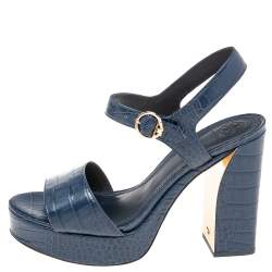 مملوكة مسبقًا Tory Burch Navy Blue Croc Embossed Martine Platform Ankle Strap Sandals Size 41