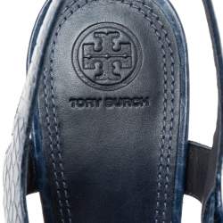 مملوكة مسبقًا Tory Burch Navy Blue Croc Embossed Martine Platform Ankle Strap Sandals Size 41