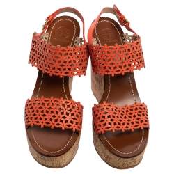 Pre Owned Tory Burch Coral Red Laser Cut Leather Daisy Cork Wedge Platform Sandals Size 40.5