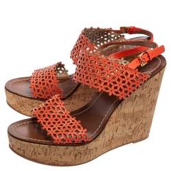 Pre Owned Tory Burch Coral Red Laser Cut Leather Daisy Cork Wedge Platform Sandals Size 40.5