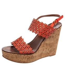 Pre Owned Tory Burch Coral Red Laser Cut Leather Daisy Cork Wedge Platform Sandals Size 40.5