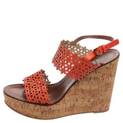 Pre Owned Tory Burch Coral Red Laser Cut Leather Daisy Cork Wedge Platform Sandals Size 40.5