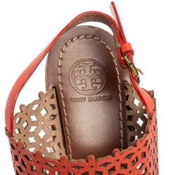 Pre Owned Tory Burch Coral Red Laser Cut Leather Daisy Cork Wedge Platform Sandals Size 40.5