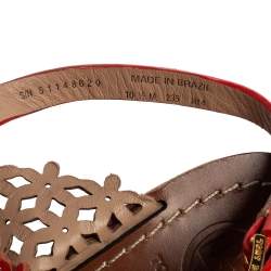 Pre Owned Tory Burch Coral Red Laser Cut Leather Daisy Cork Wedge Platform Sandals Size 40.5