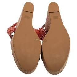Pre Owned Tory Burch Coral Red Laser Cut Leather Daisy Cork Wedge Platform Sandals Size 40.5