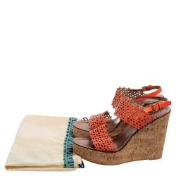 Pre Owned Tory Burch Coral Red Laser Cut Leather Daisy Cork Wedge Platform Sandals Size 40.5