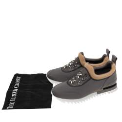 Pre Owned Tory Burch Grey/Brown Fabric Storm Cloud Crystal Embellished Slip On Sneakers Size 40 