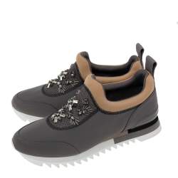 Pre Owned Tory Burch Grey/Brown Fabric Storm Cloud Crystal Embellished Slip On Sneakers Size 40 