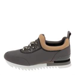 Pre Owned Tory Burch Grey/Brown Fabric Storm Cloud Crystal Embellished Slip On Sneakers Size 40 