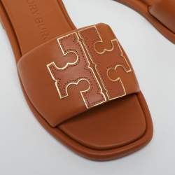 مملوكة مسبقًا Tory Burch Brown Leather Double T Sport Slide Flats Size 36.5