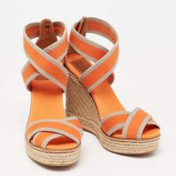 Pre Owned Tory Burch Tri-Color Fabric Adonis Espadrille Wedge Sandals Size 35.5