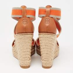 Pre Owned Tory Burch Tri-Color Fabric Adonis Espadrille Wedge Sandals Size 35.5