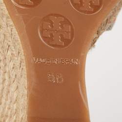 Pre Owned Tory Burch Tri-Color Fabric Adonis Espadrille Wedge Sandals Size 35.5