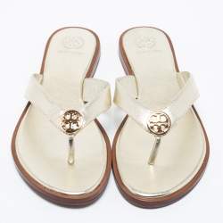 مم لوكة مسبقًا Tory Burch Metallic Gold  Leather Benton Thong Flat Sandals Size 38
