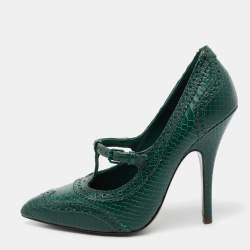 Pre Owned Tory Burch Green Brogue Python Embossed Leather Everly Pumps Size 38.5