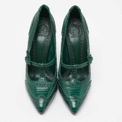 Pre Owned Tory Burch Green Brogue Python Embossed Leather Everly Pumps Size 38.5