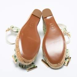 Pre Owned Tory Burch Multicolor Printed Canvas Bow Wedge Ankle-Strap Sandals Size 40.5