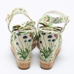 Pre Owned Tory Burch Multicolor Printed Canvas Bow Wedge Ankle-Strap Sandals Size 40.5