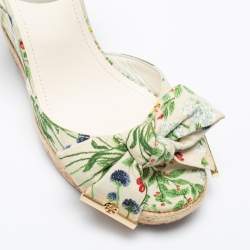 Pre Owned Tory Burch Multicolor Printed Canvas Bow Wedge Ankle-Strap Sandals Size 40.5