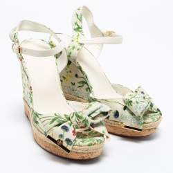 Pre Owned Tory Burch Multicolor Printed Canvas Bow Wedge Ankle-Strap Sandals Size 40.5