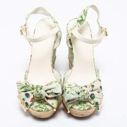 Pre Owned Tory Burch Multicolor Printed Canvas Bow Wedge Ankle-Strap Sandals Size 40.5